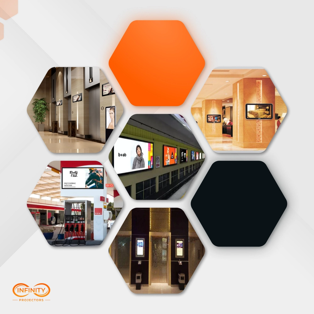 Hexagon collage of digital signage screens installed in a hotel, subway, gas station and elevator lobby