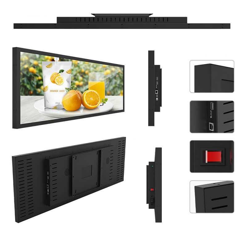 Exploded multi-view of the stretched bar display: front, rear, side profiles and connector close-ups on white