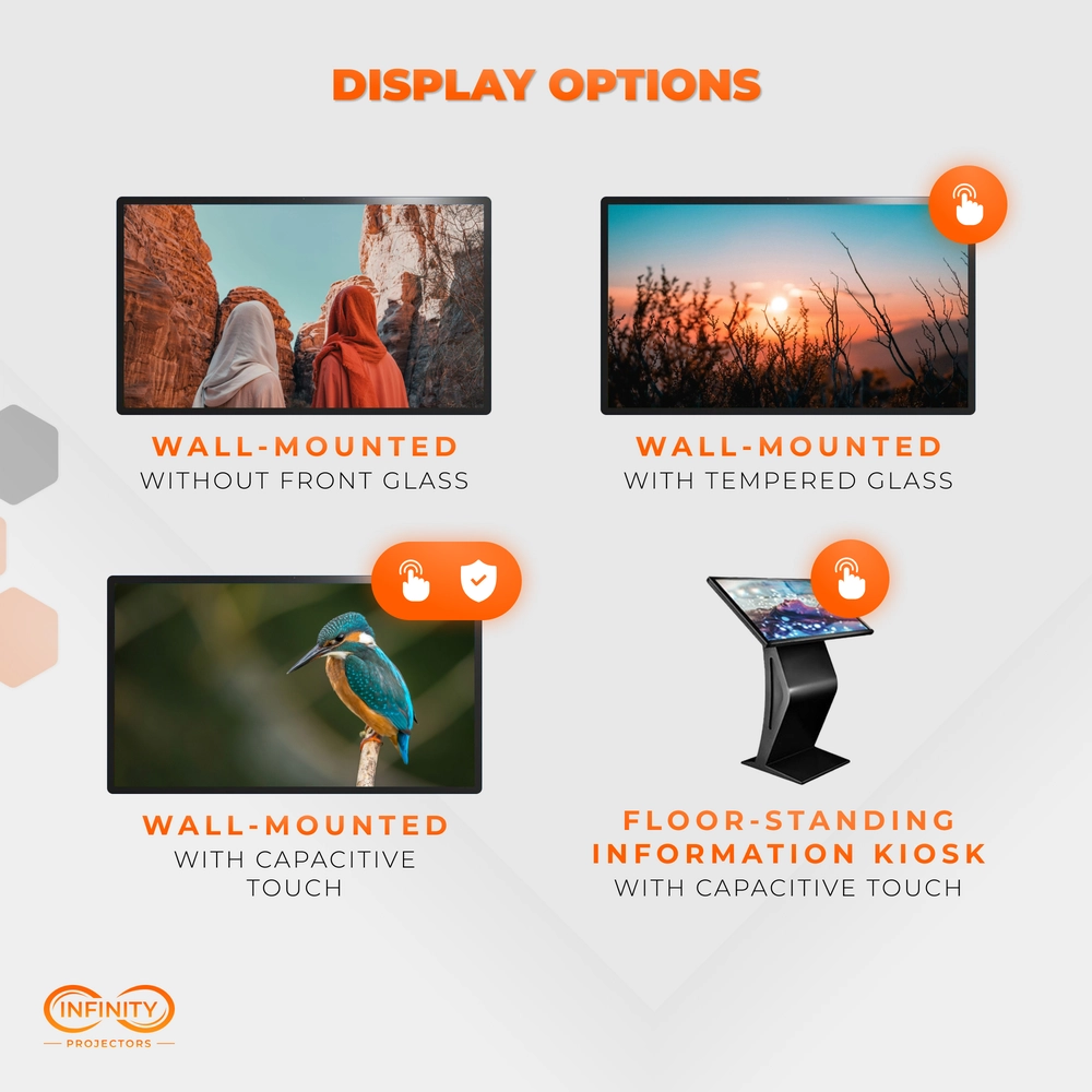 Display options graphic: wall-mounted panels with or without glass or touch, plus a floor-standing kiosk