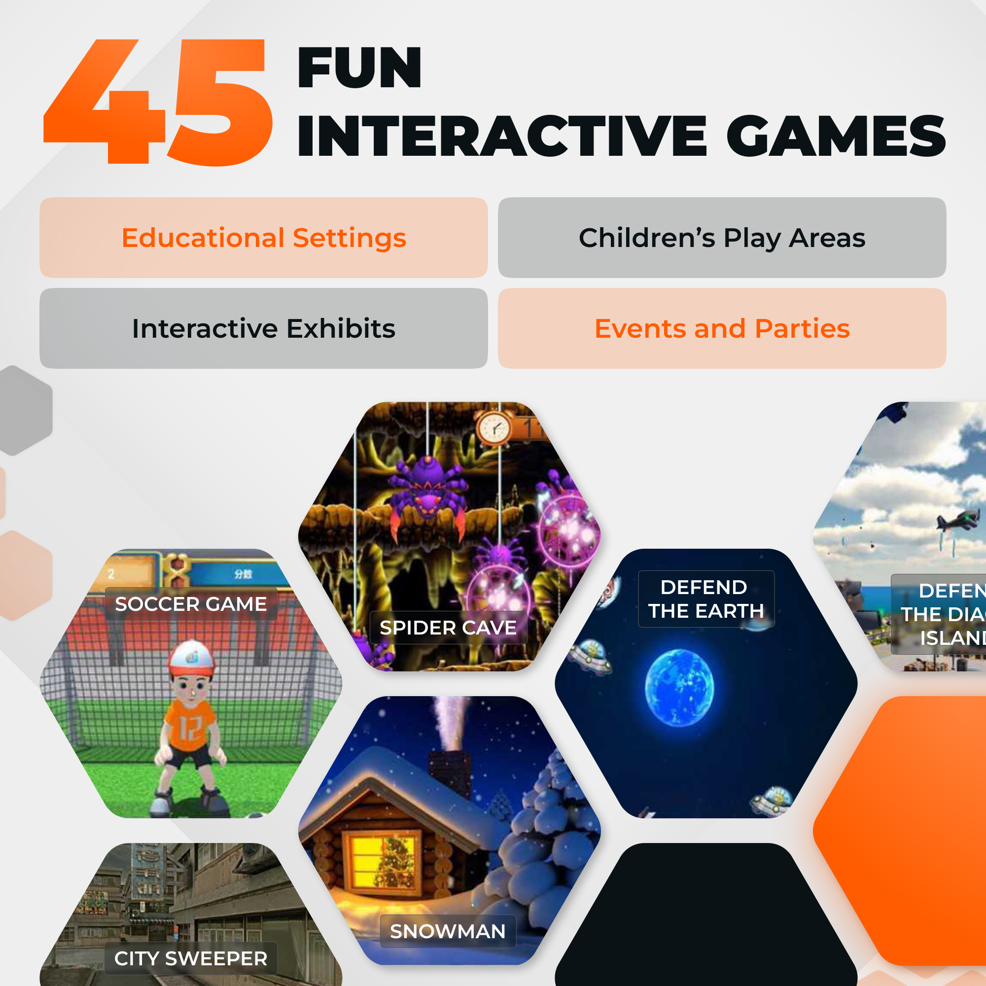 Game gallery for the interactive projector: soccer, spider cave, snowman and defend-the-earth titles