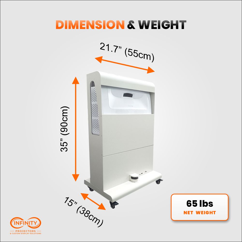 Dimension and weight diagram for the interactive floor projector tower: 35 x 21.7 x 15 inches, 65 lb net weight