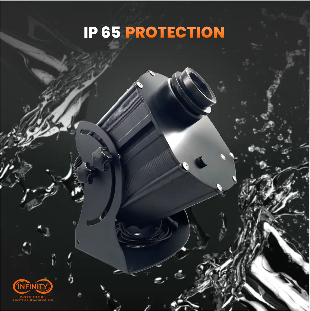 IP65-rated waterproof gobo projector shown against splashing water for outdoor use