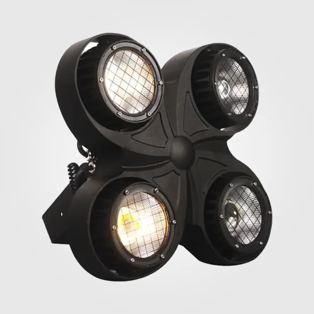 Angled view of the COB LED audience blinder showing its butterfly-shaped housing and hanging bracket