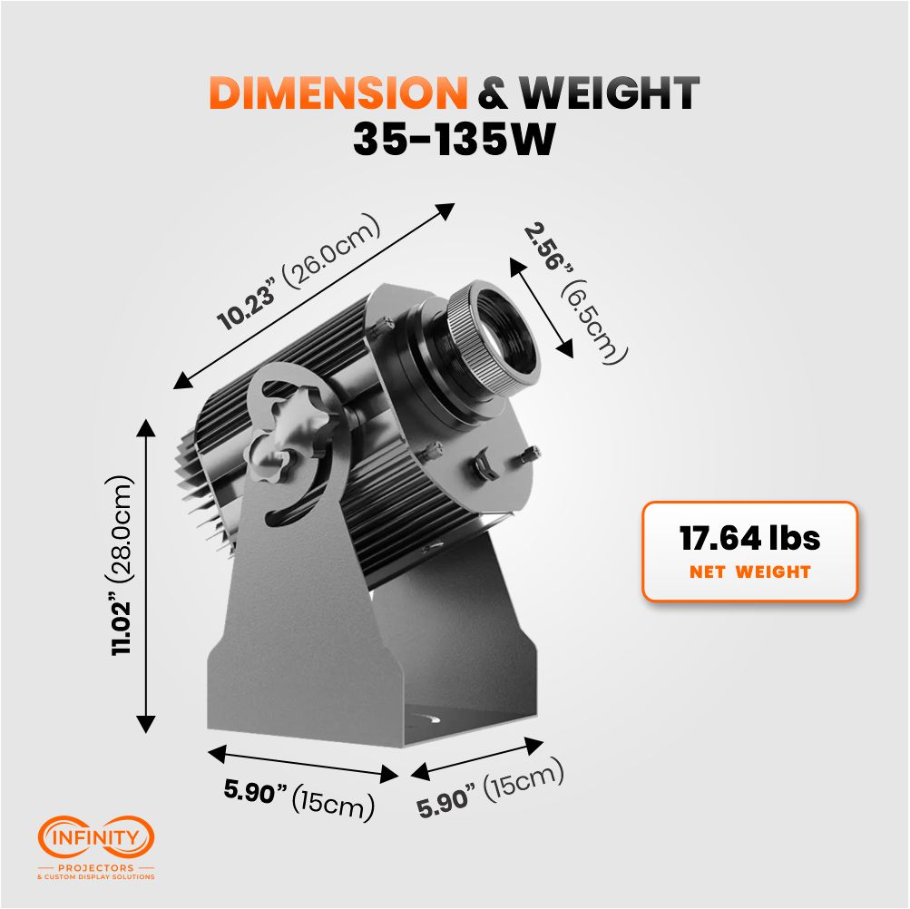 Dimension diagram of the 35–135W rotating gobo projector: 10.23 inches long, 17.64 lbs net weight