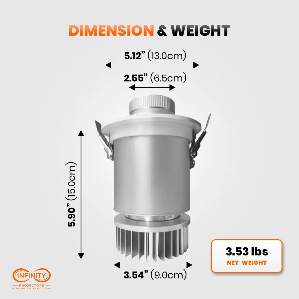 Dimension diagram of the wide embedded gobo projector: 5.12 in wide, 5.90 in tall, 3.53 lb net weight