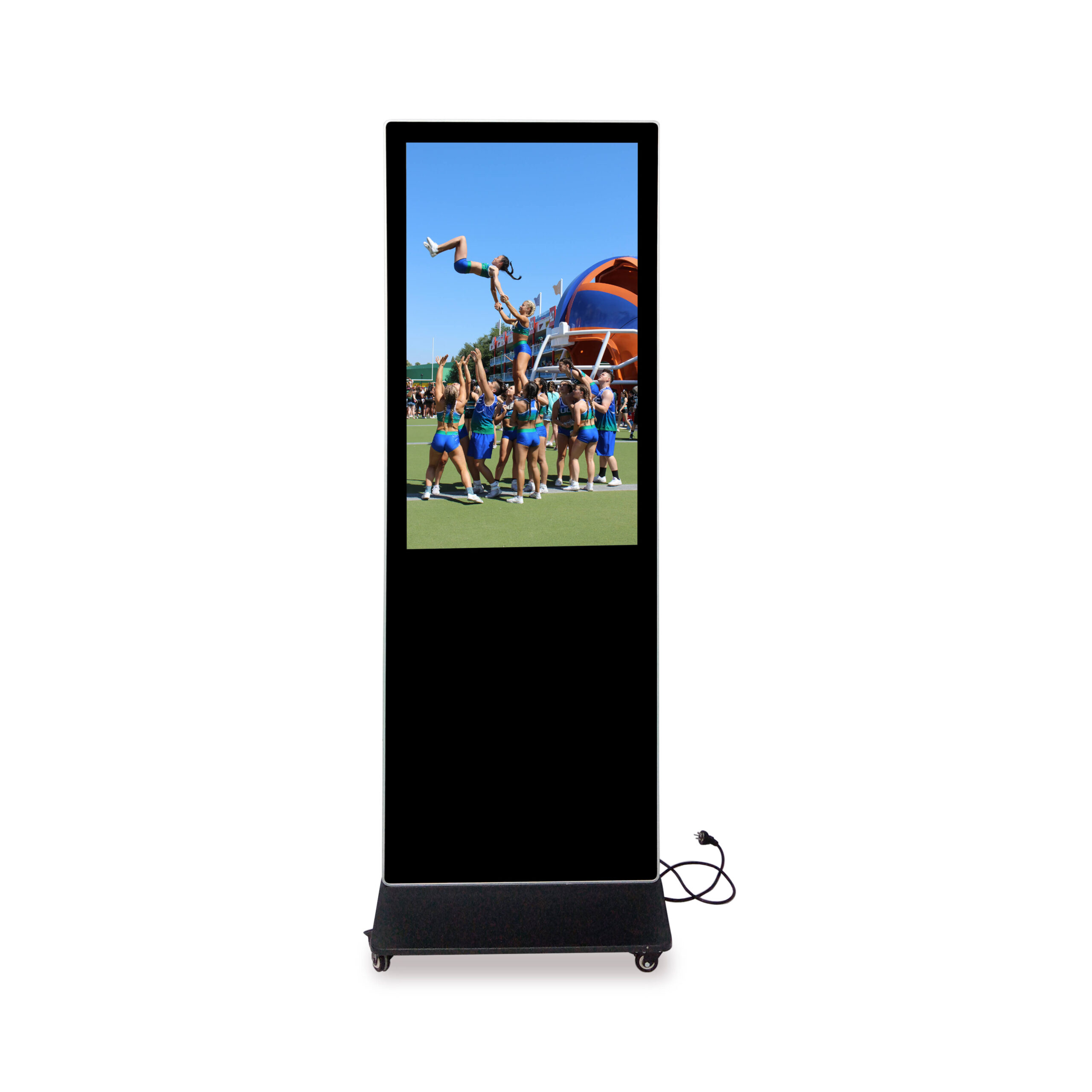 Interactive floorstanding kiosk on locking wheels displaying a cheerleading team photo