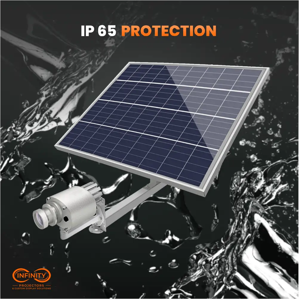 IP65 protection graphic showing solar-powered gobo projector against splashing water backdrop