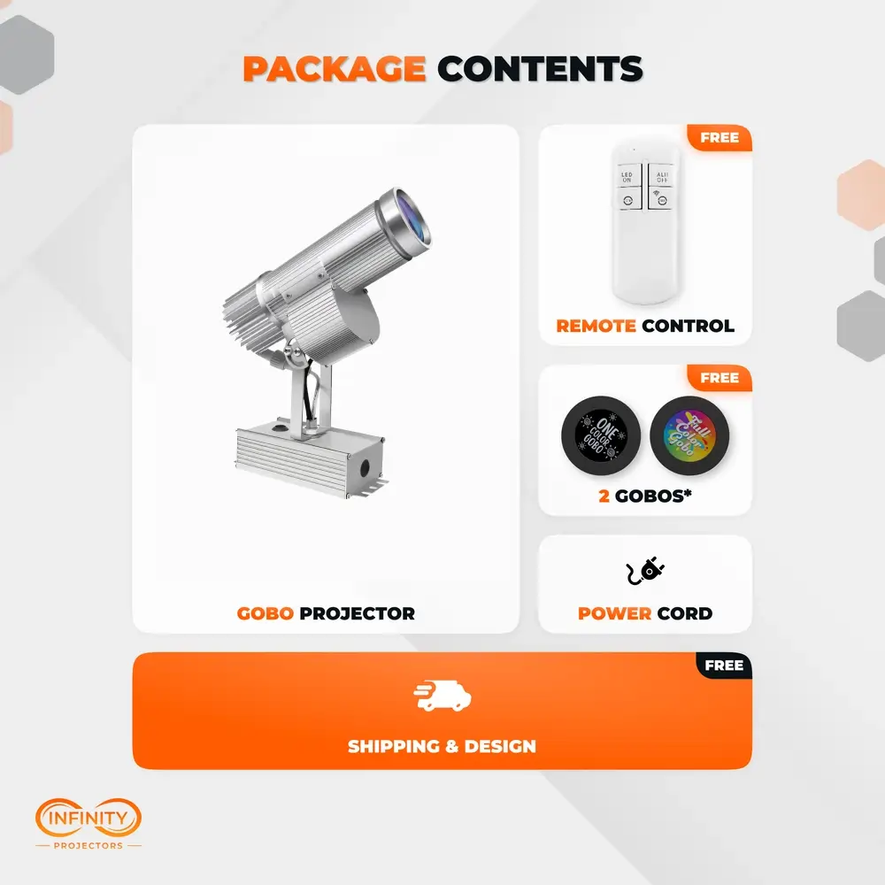 Package contents of indoor gobo projector: unit, remote control, two custom gobos and power cord