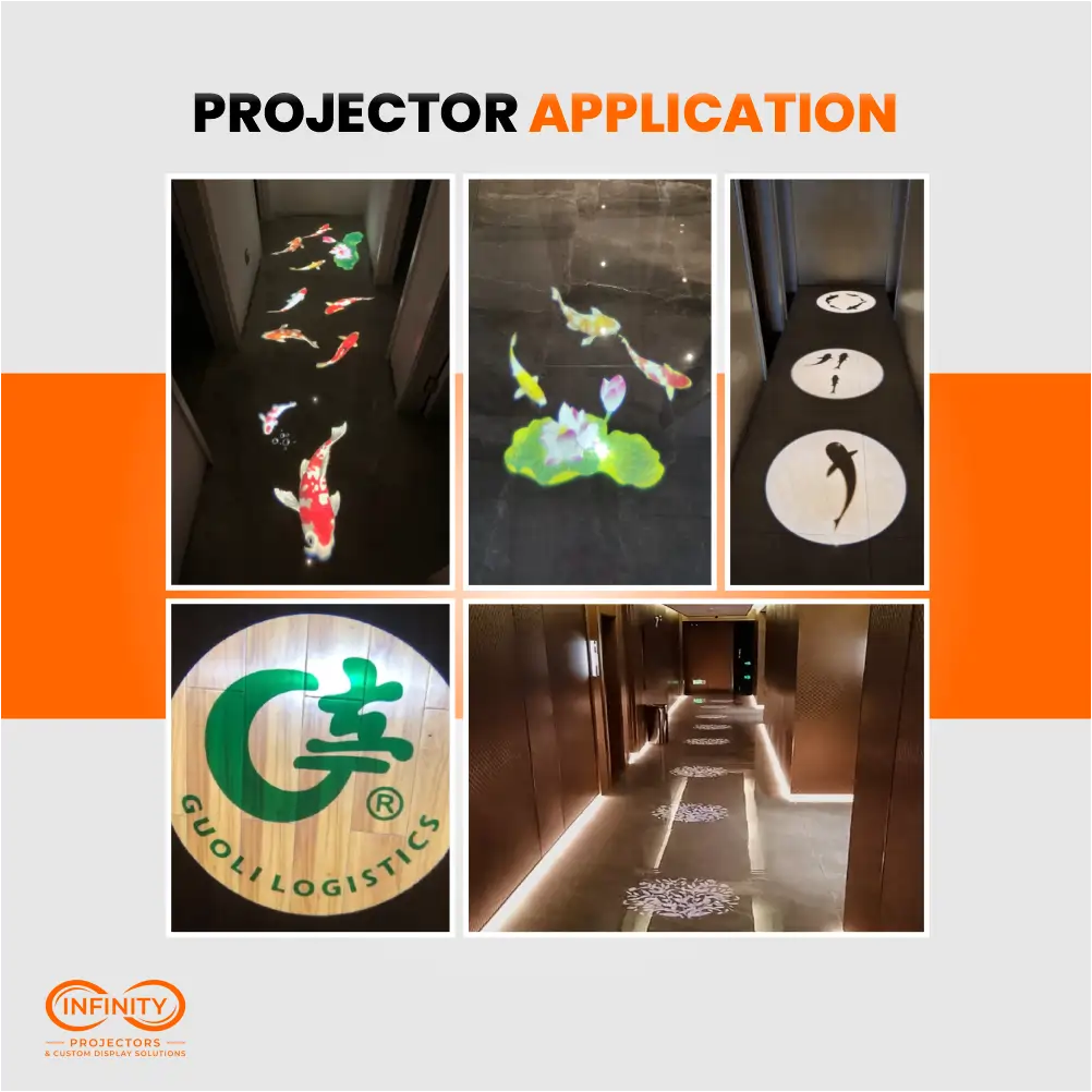 Gobo projection application collage: koi fish, lotus scenes and a company logo lit on hotel hallway floors