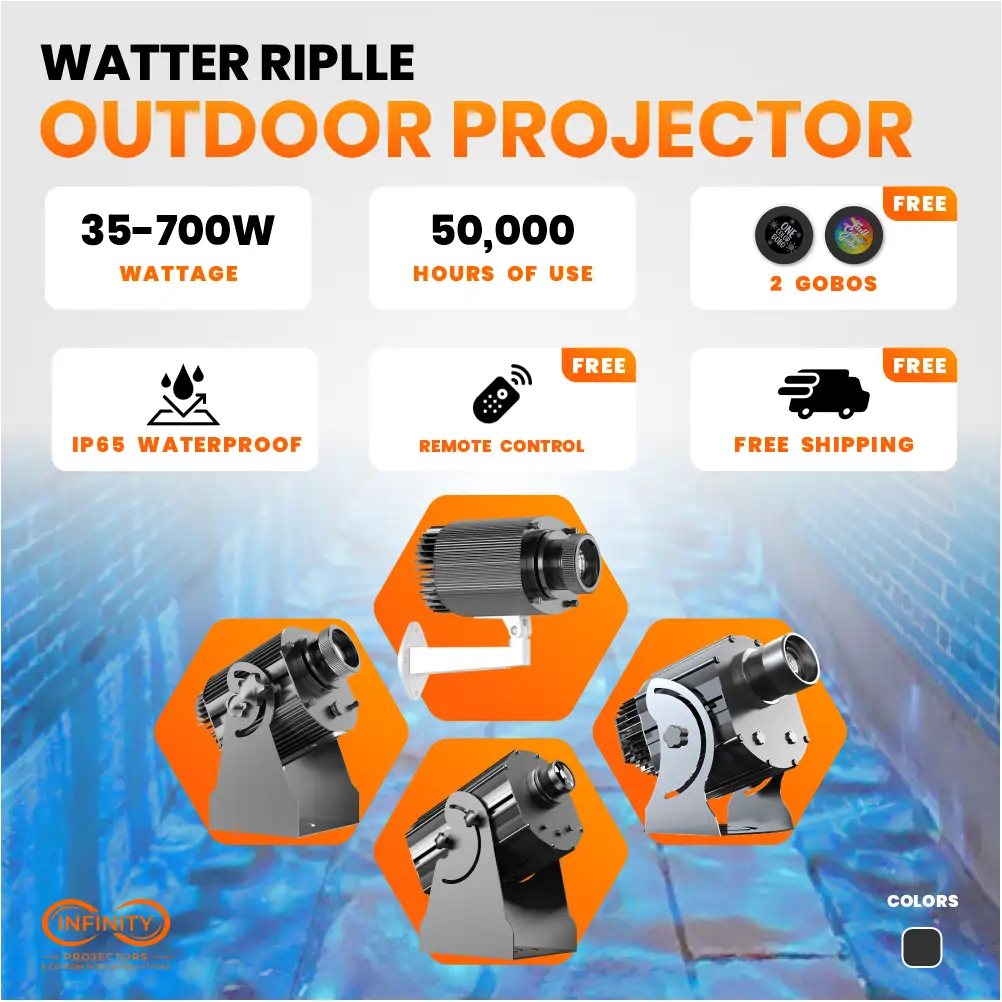 Infographic for the water ripple outdoor projector: 35-700W, 50,000 hours, IP65, free remote and shipping
