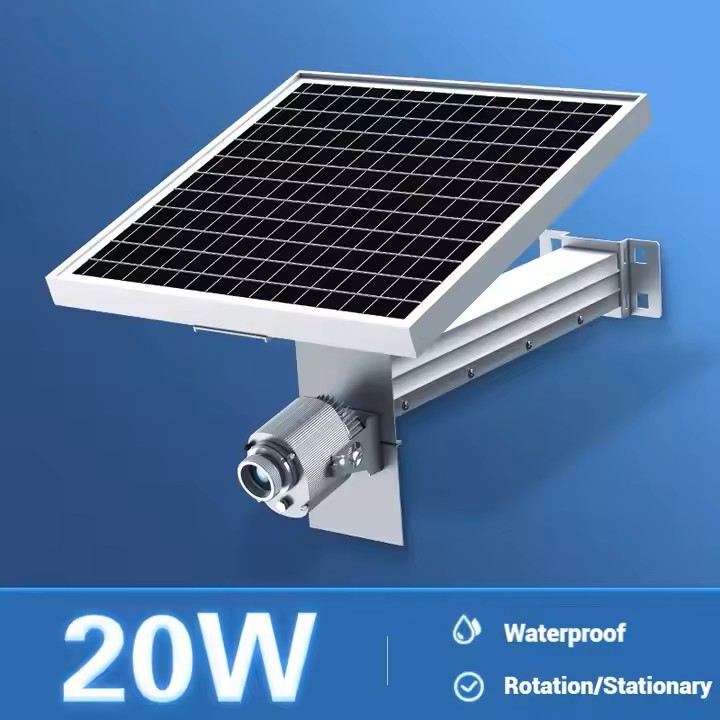 Vendor graphic of 20W solar projection unit labeled waterproof with rotation or stationary modes