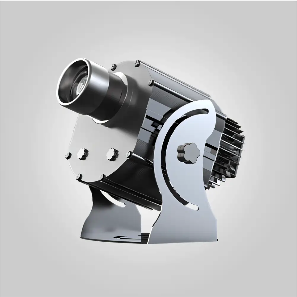 Silver and black 6-gobo projector with barrel lens pointed up-left, rear cooling fins visible