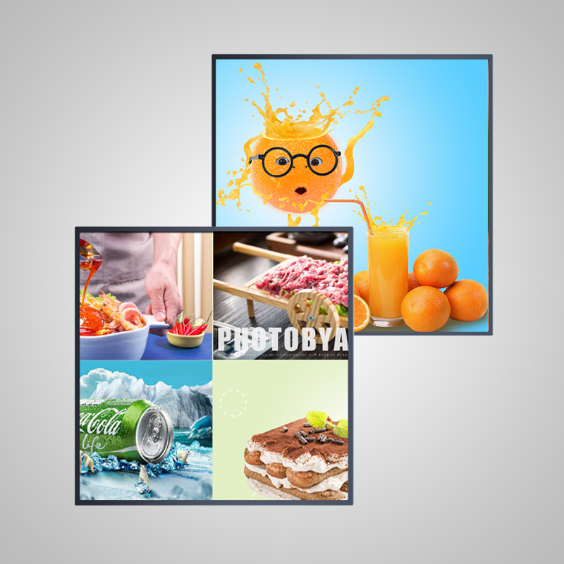 Two square digital signage displays with split-screen food and drink demo content, stock-photo watermark visible