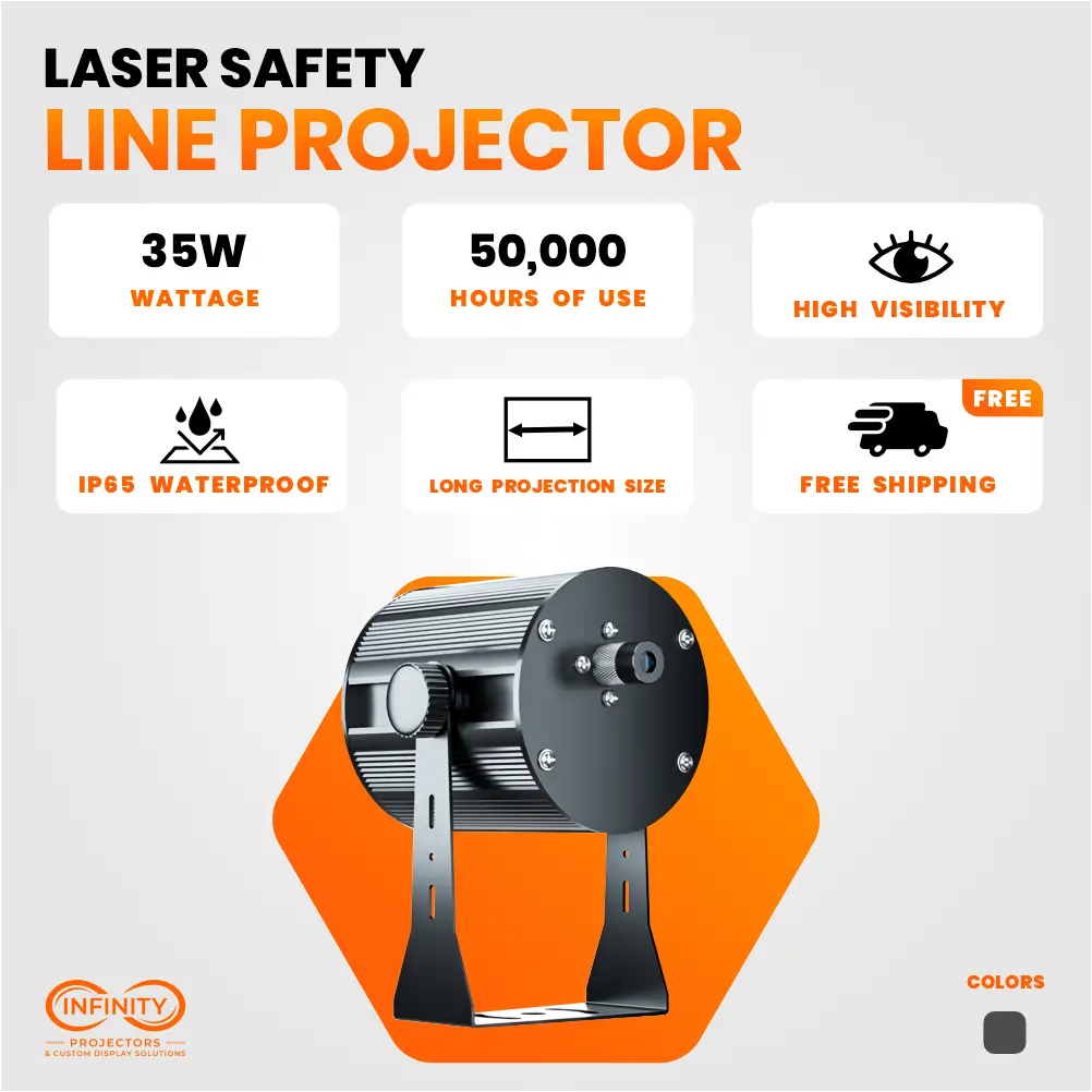 Laser safety line projector spec graphic: 35W, 50,000-hour lifespan, IP65 waterproof, high-visibility lines