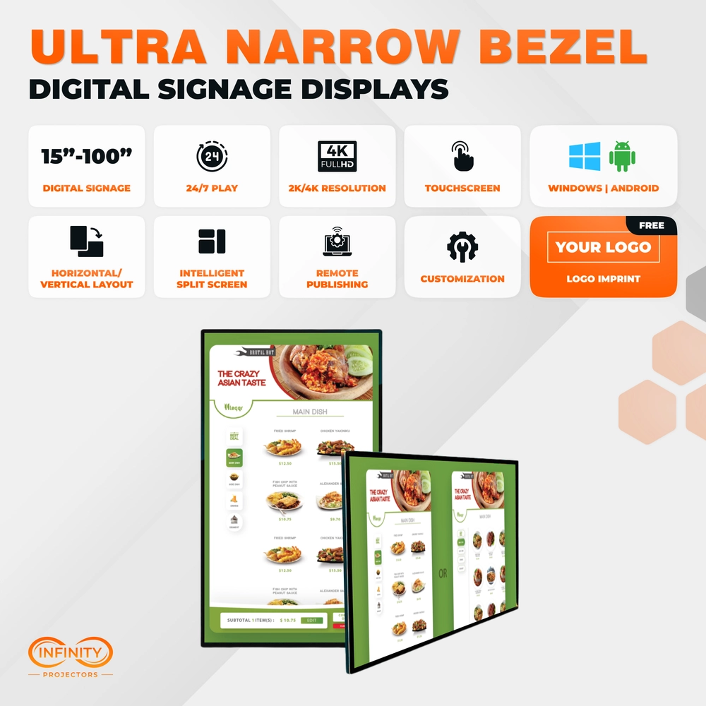 Ultra narrow bezel signage feature banner showing restaurant menu screens in portrait and landscape