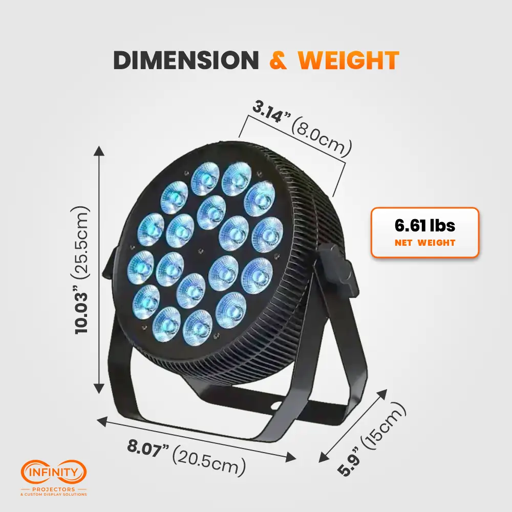 Dimension diagram of 6-in-1 LED par can uplight: 10.03 in tall, 8.07 in wide, 6.61 lb net weight