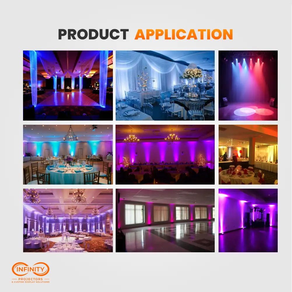 Nine ballroom photos of LED par uplights washing wedding and event walls in blue, purple and pink