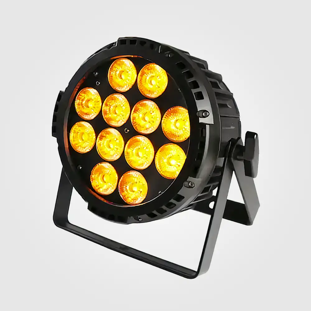 12x18W outdoor par light seen from the right side, its 12 LED lenses glowing warm amber