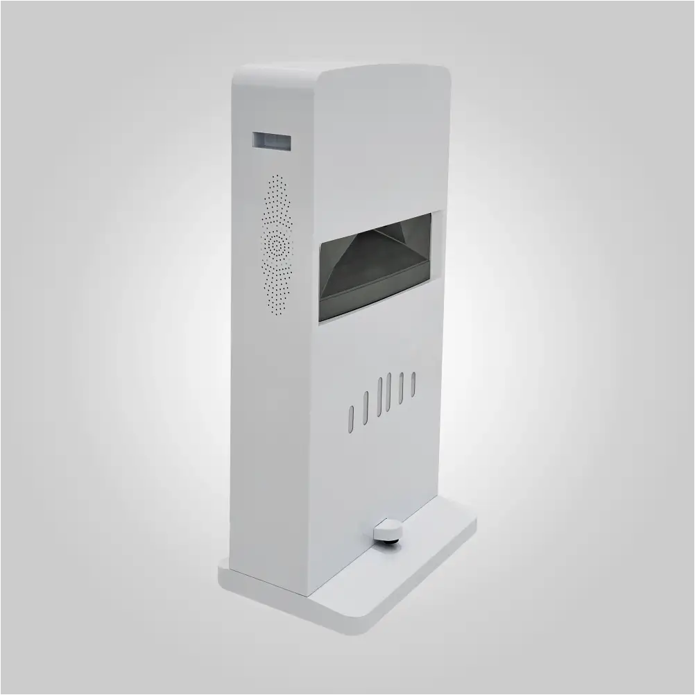 Front three-quarter view of the white interactive floor projector tower with lens window and speaker grille