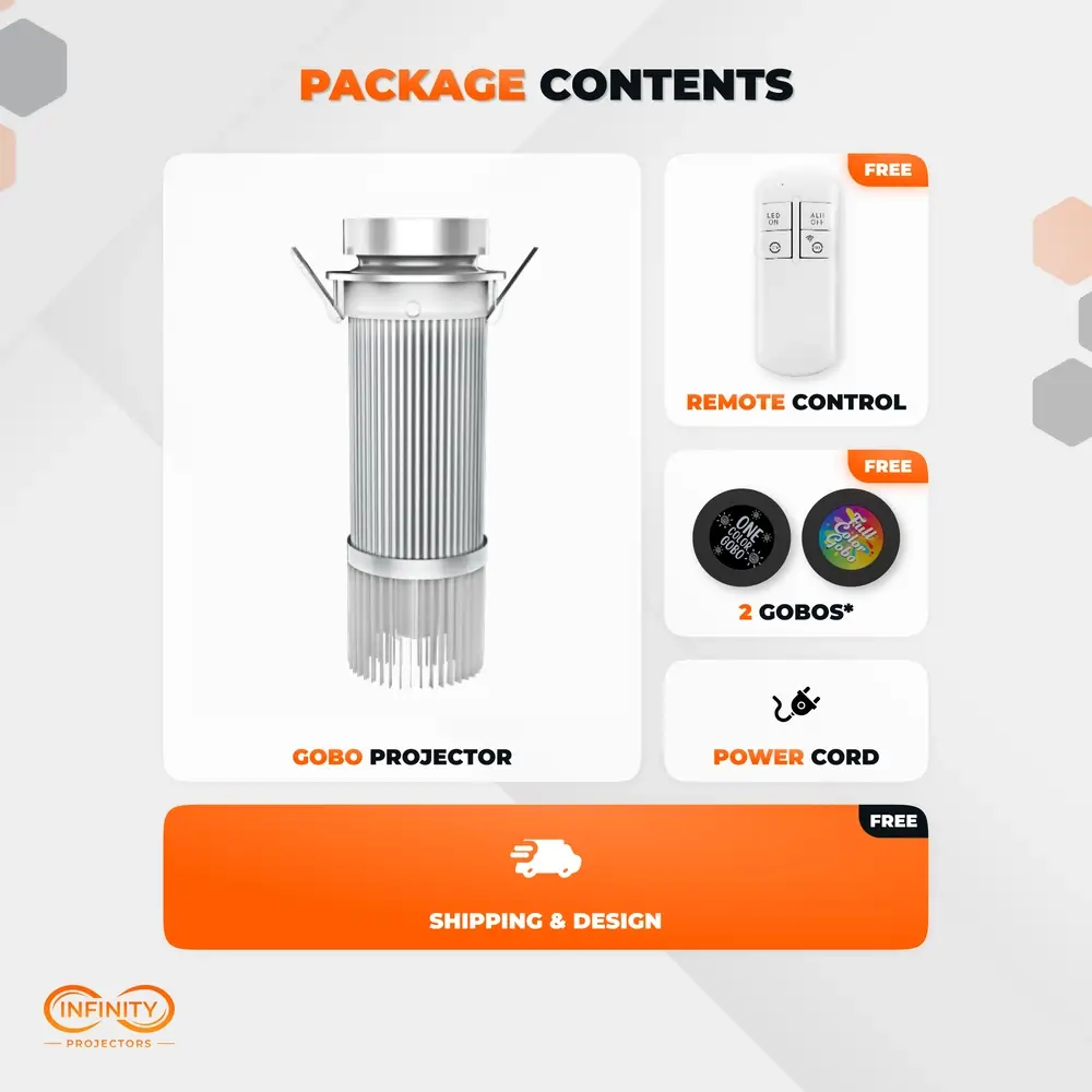 Package contents for the embedded gobo projector: unit, wireless remote, two free gobos and power cord