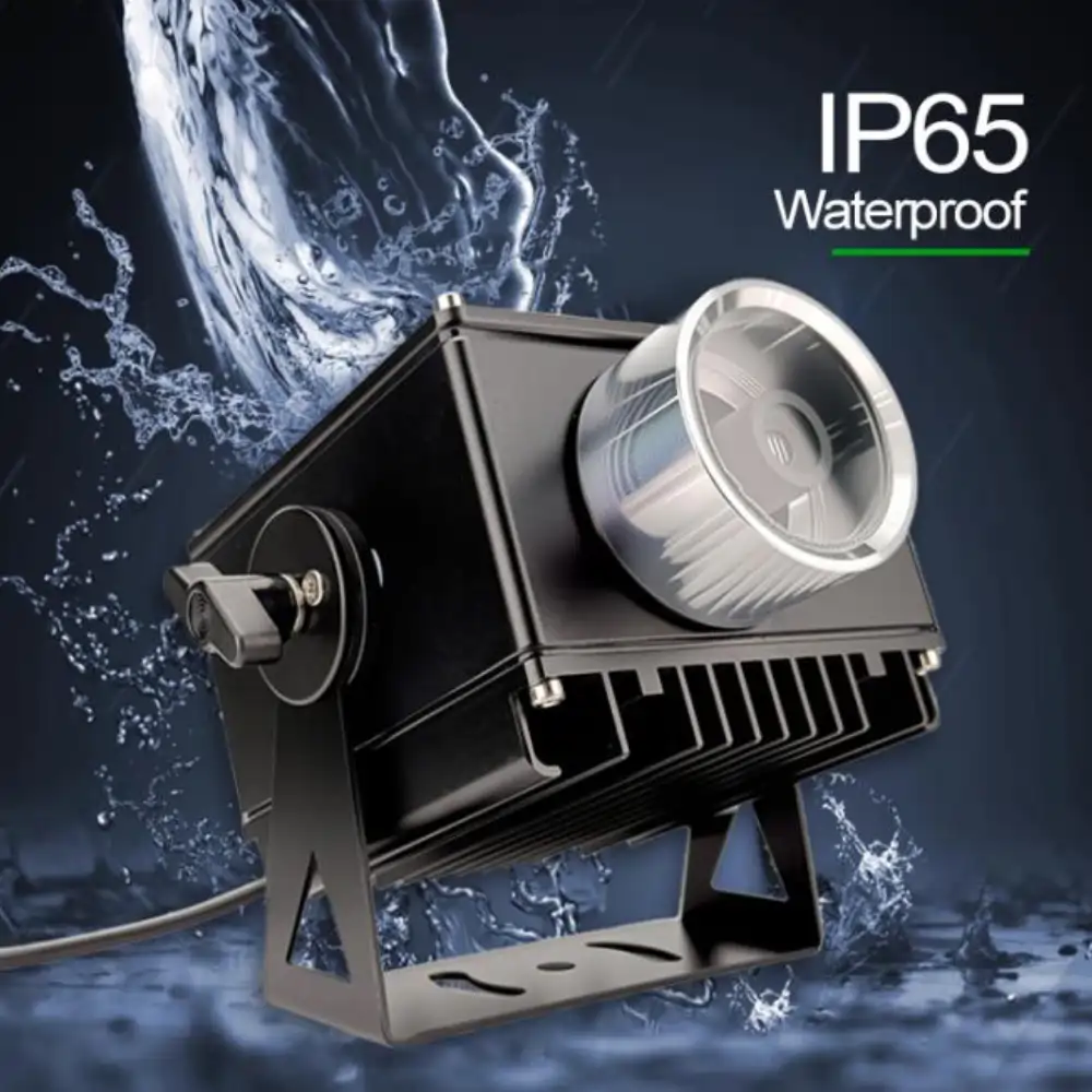 Composite graphic of the IP65 waterproof laser line projector surrounded by splashing water
