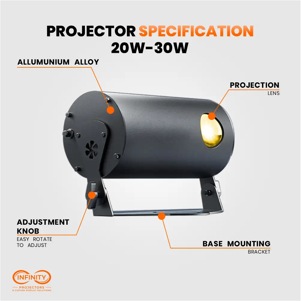 Spec callouts on 20W-30W Firefly laser projector: aluminum alloy body, lens, adjustment knob, bracket