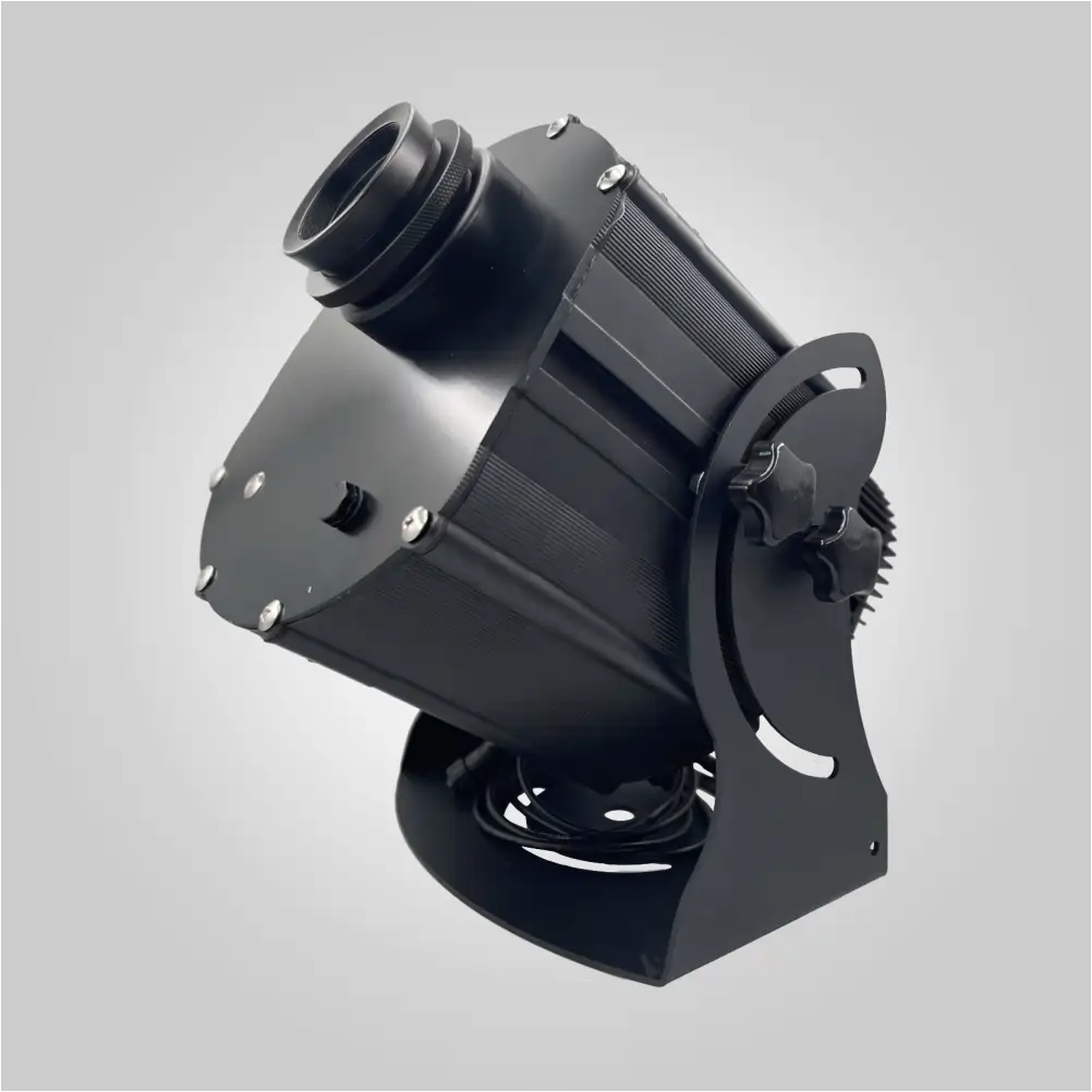 Black rotating gobo projector angled upward on its U-bracket, seen from the rear side