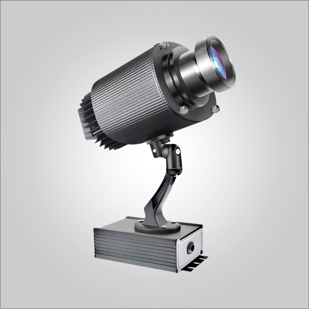 Side angle of the FlexMount outdoor logo projector showing finned aluminum body and swivel mounting base