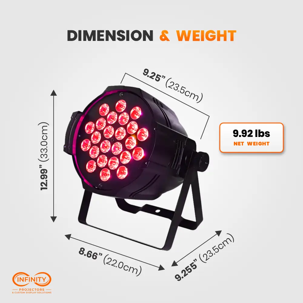Dimension diagram of the RGBW LED par light: 12.99 by 9.25 by 8.66 inches and 9.92 lb net weight