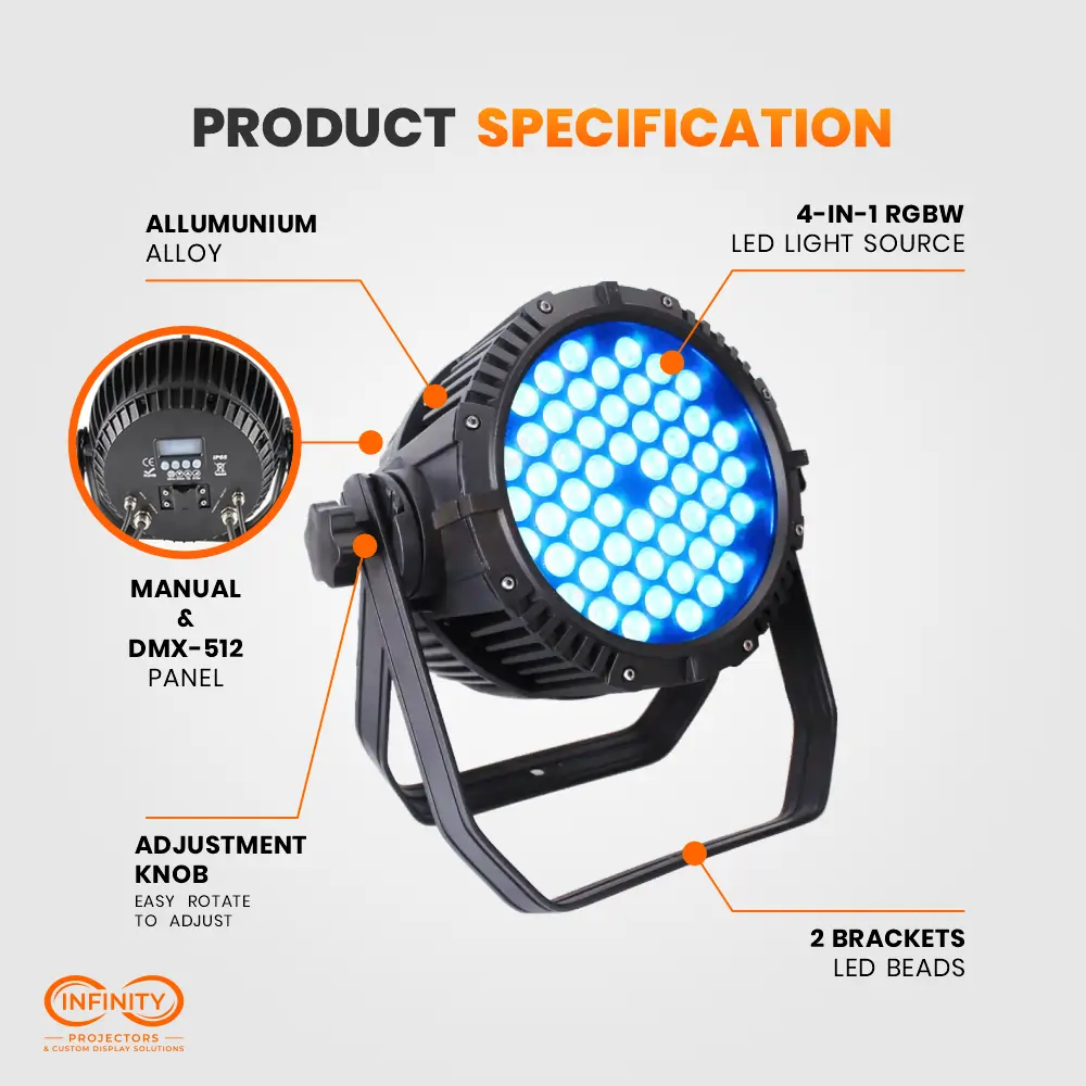 Labeled diagram of the 54x3W waterproof par can showing aluminum body, DMX-512 control panel and adjustment knob