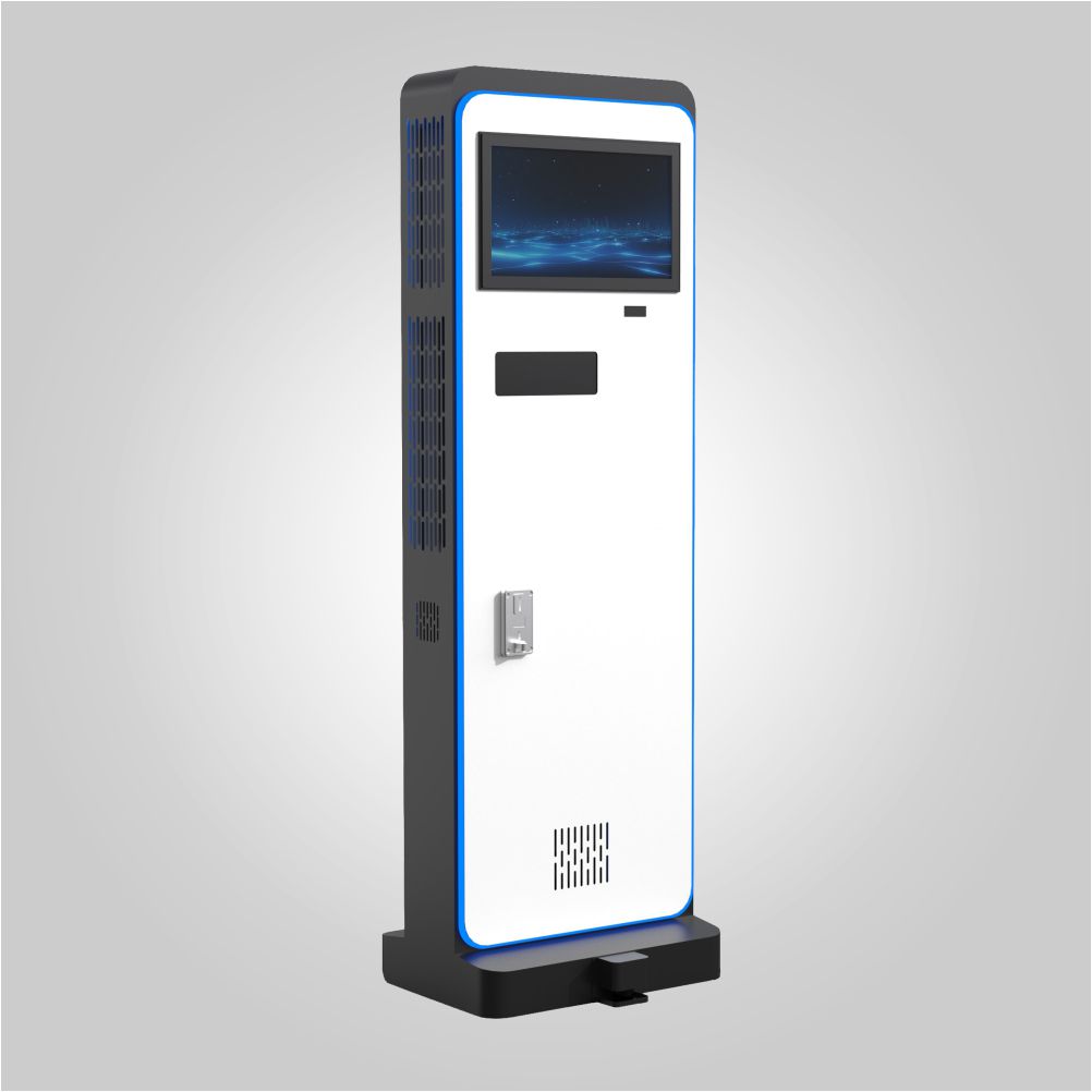 Side-angle view of the white interactive floor projector kiosk on a gray studio background