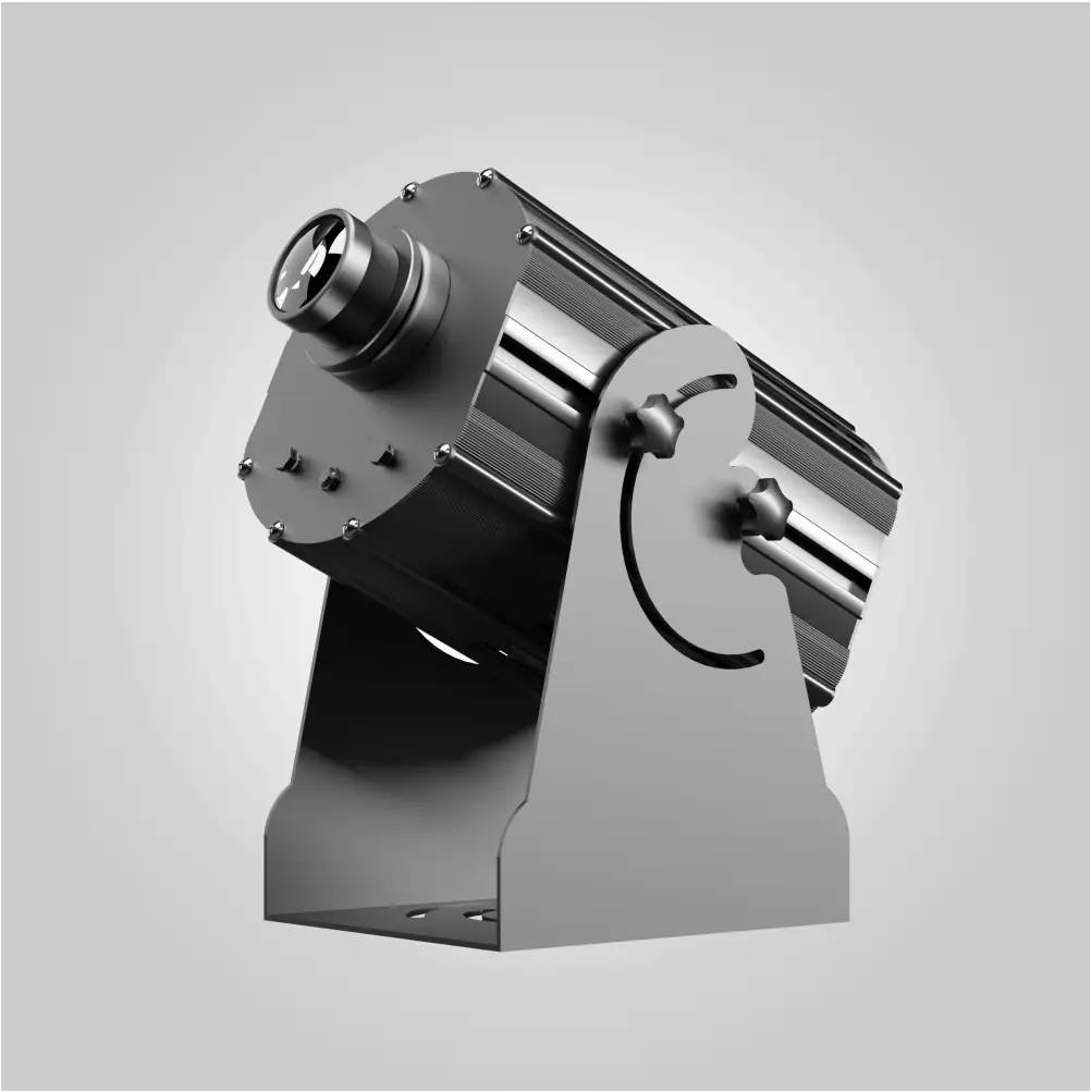 Black 8 gobo dynamic 3D projector angled upward on its curved adjustment bracket with rotary lens facing up
