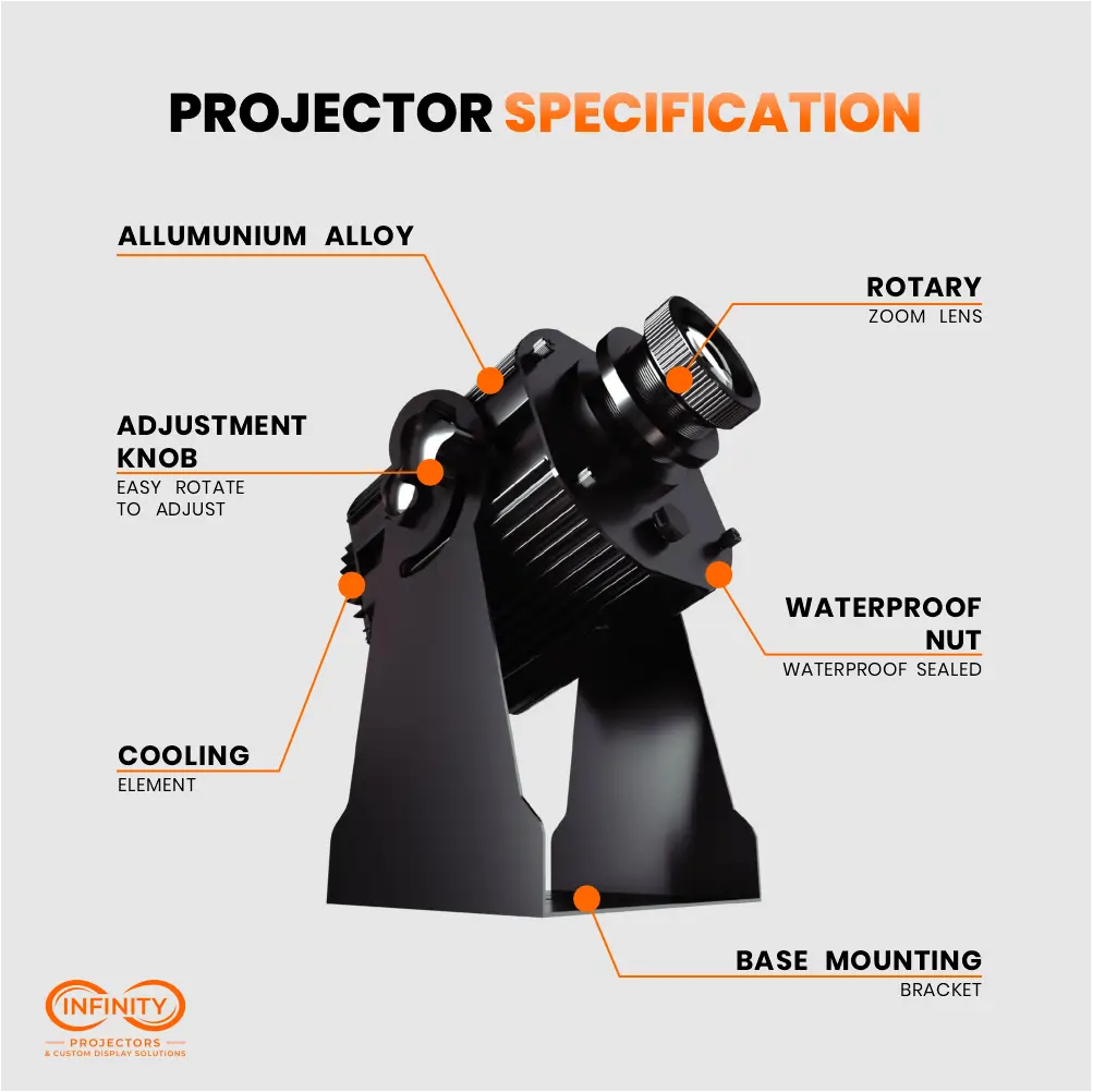 Spec diagram of the Walking Light gobo projector: adjustment knob, rotary zoom lens, waterproof nut and bracket