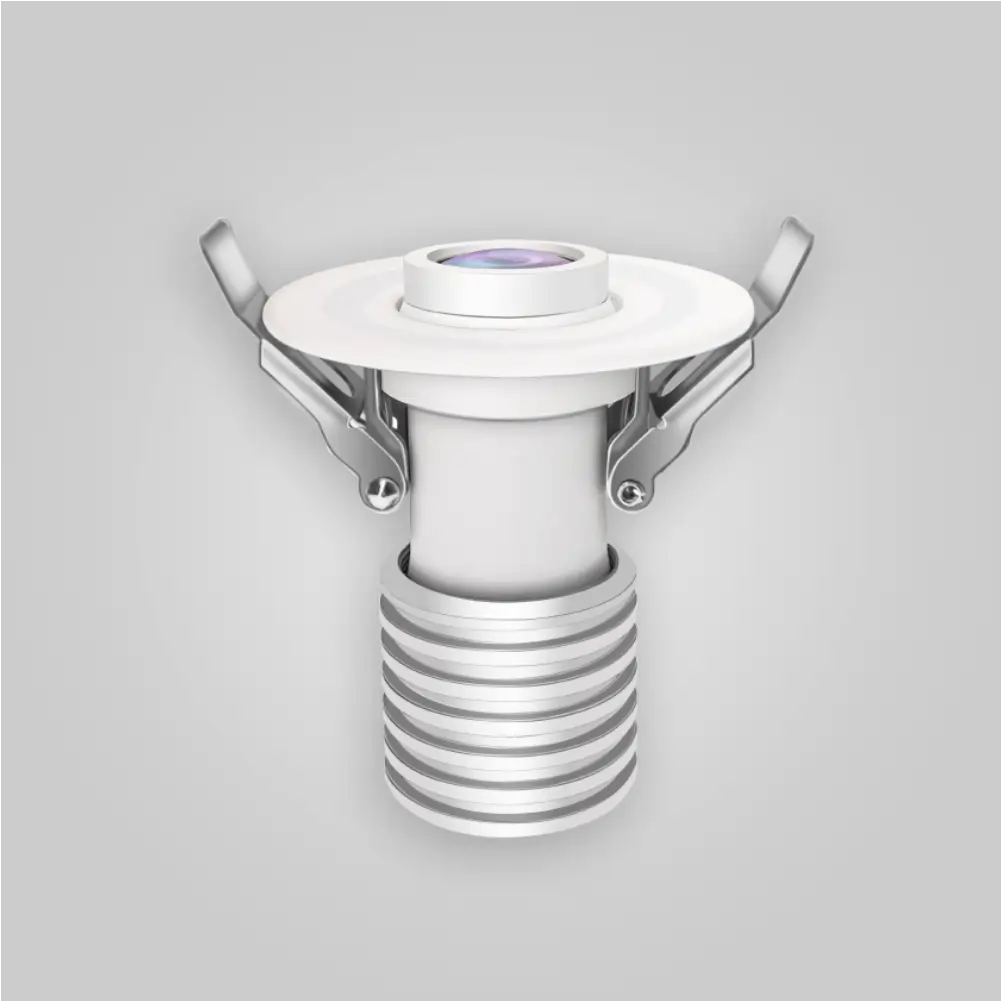 Infinity Embed Lite mini recessed logo projector showing its top lens, ceiling clips and cooling fins