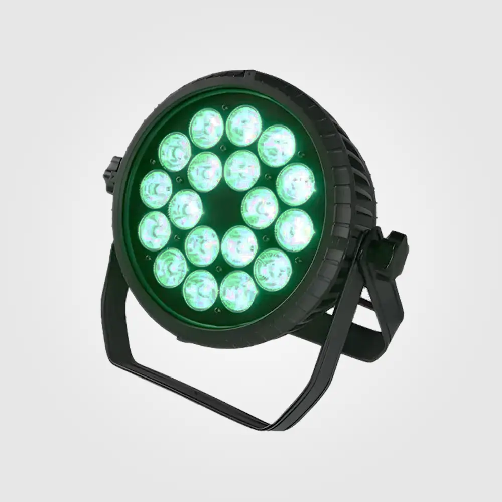 FX18 IP65 LED par wash light facing left, all 18 RGBW lenses glowing green