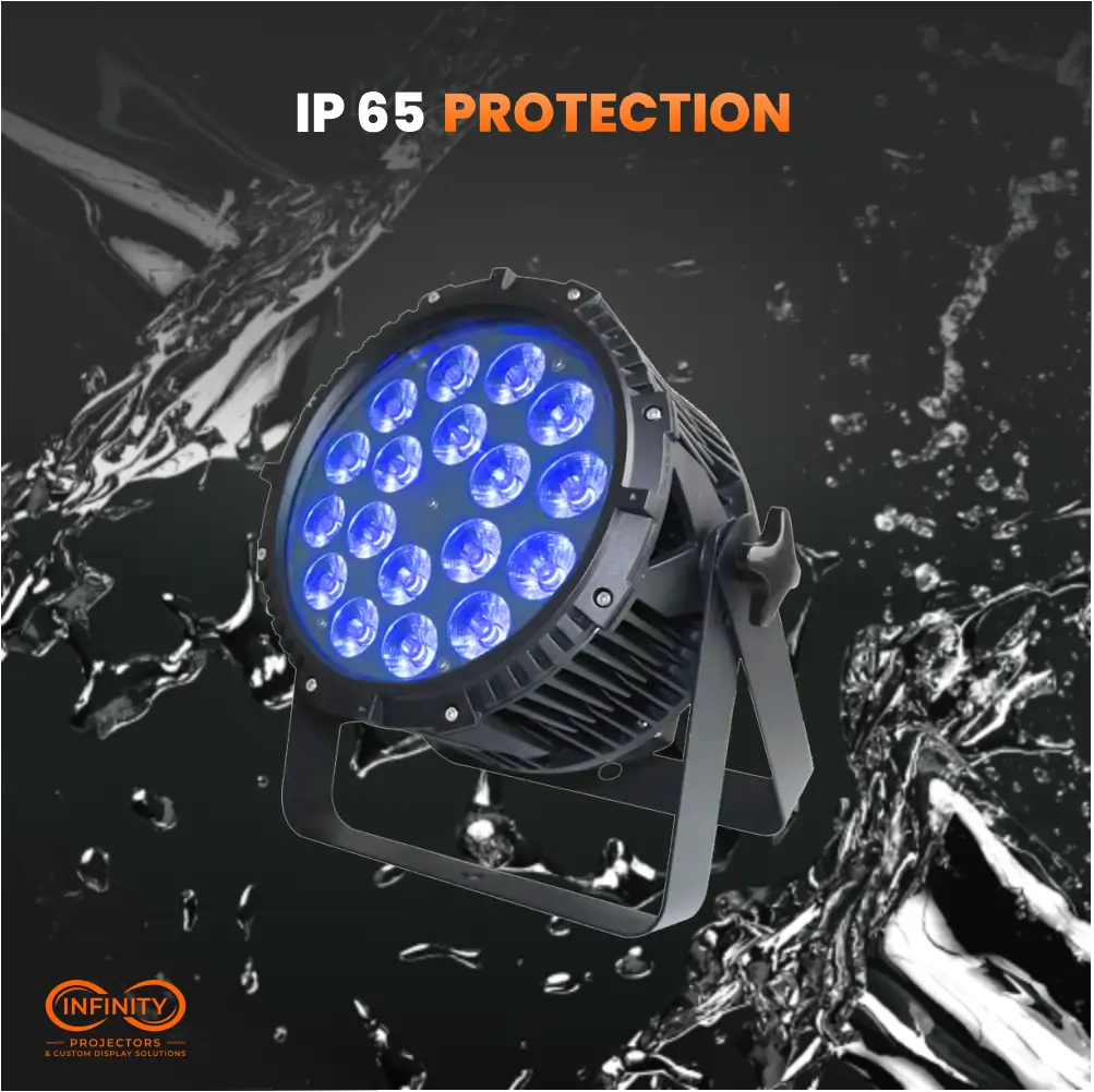 IP65-rated 24x12W par can glowing purple-blue amid water splashes, showing outdoor weatherproofing