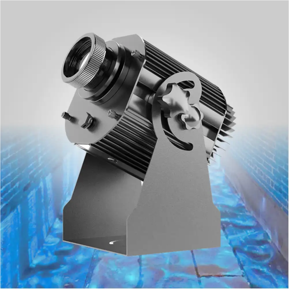 Water ripple projector on its yoke bracket against a rippling blue water-effect backdrop