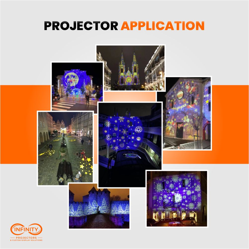Holiday installs: outdoor logo projector lighting building facades with snowflakes, Santa scenes and stars at night