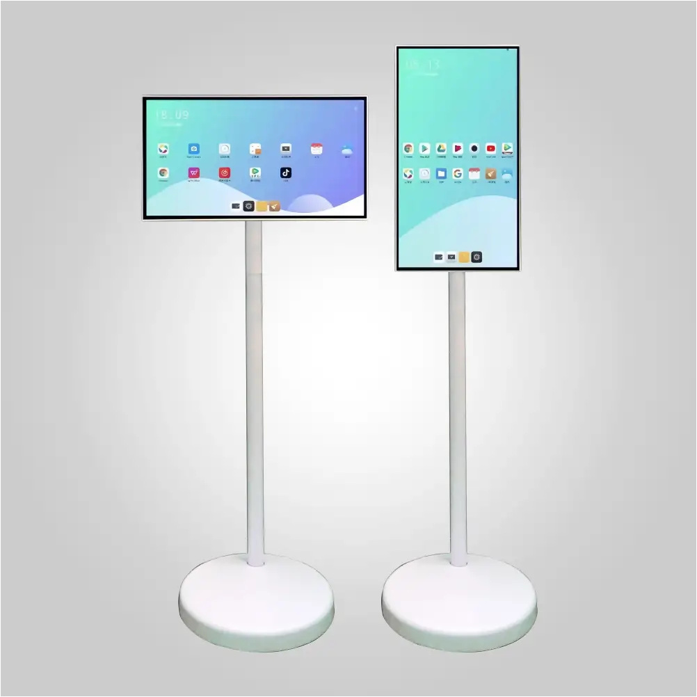 Front view of two floor-standing touchscreen digital displays, one horizontal and one vertical home screen