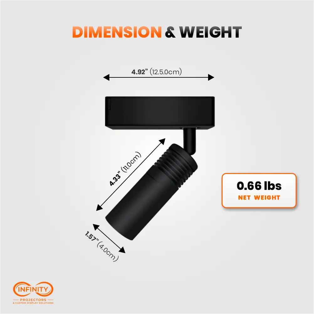 Dimension diagram of the black track gobo projector: 4.92-inch base, 4.33-inch body, 0.66 lbs
