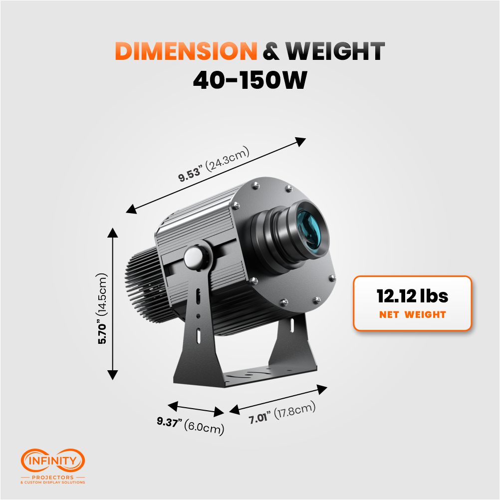 Dimension diagram of the 40–150W rotating gobo projector: 9.53 inches long, 12.12 lbs net weight