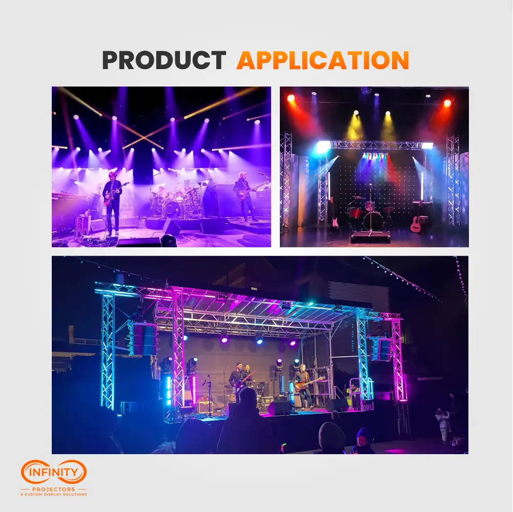 Concert photos of the 54x3W outdoor par wash lights coloring indoor stages and an open-air truss stage