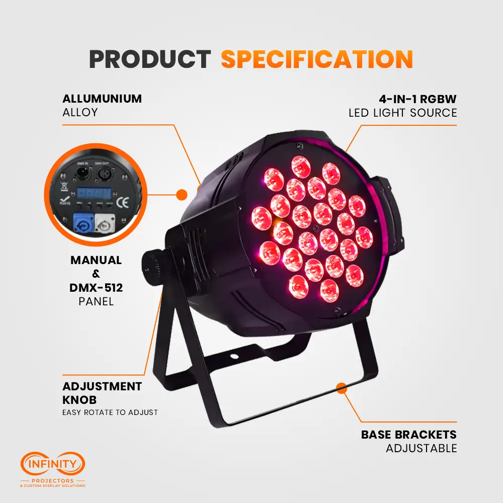 Spec infographic of the 4-in-1 RGBW LED par light with callouts for DMX-512 panel, adjustment knob, and base brackets