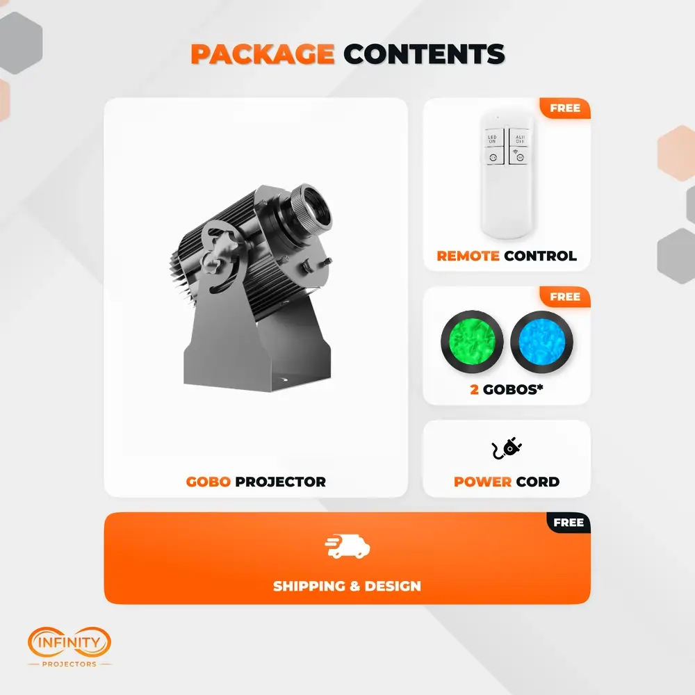 Package contents of the water ripple gobo projector: unit, remote control, 2 free water gobos and power cord