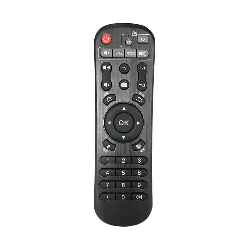 Black Android media remote with number pad and OK dial for the interactive projector, buttons labeled in Chinese