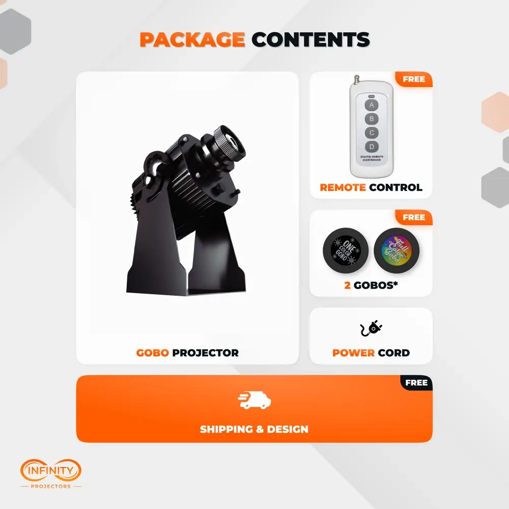 Package contents for walking light gobo projector: unit, free remote control, two gobos and power cord
