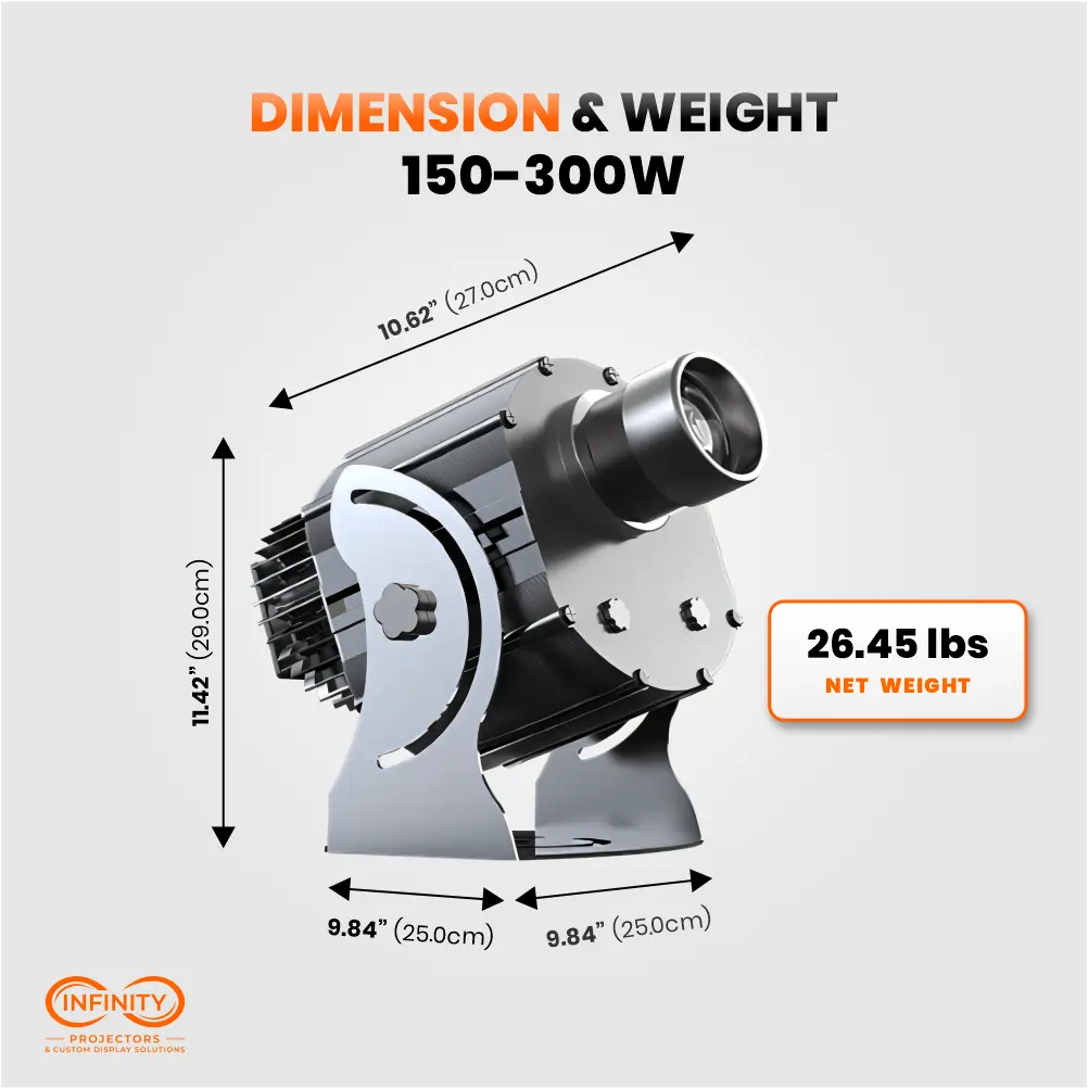 Dimension and weight chart for 150-300W 4-gobo static projector: 10.62 x 9.84 x 11.42 in, 26.45 lbs