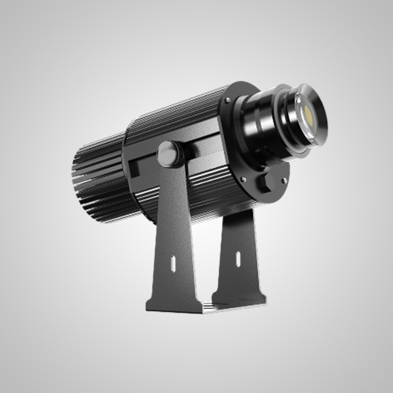 Color-changing gobo projector unit standing on its adjustable mounting yoke, lens facing right