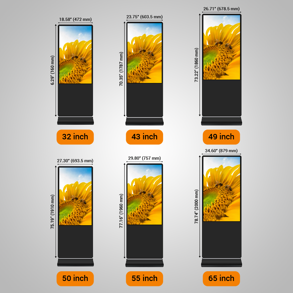 Dimension chart comparing 32 to 65 inch floorstanding kiosk sizes in inches and millimeters