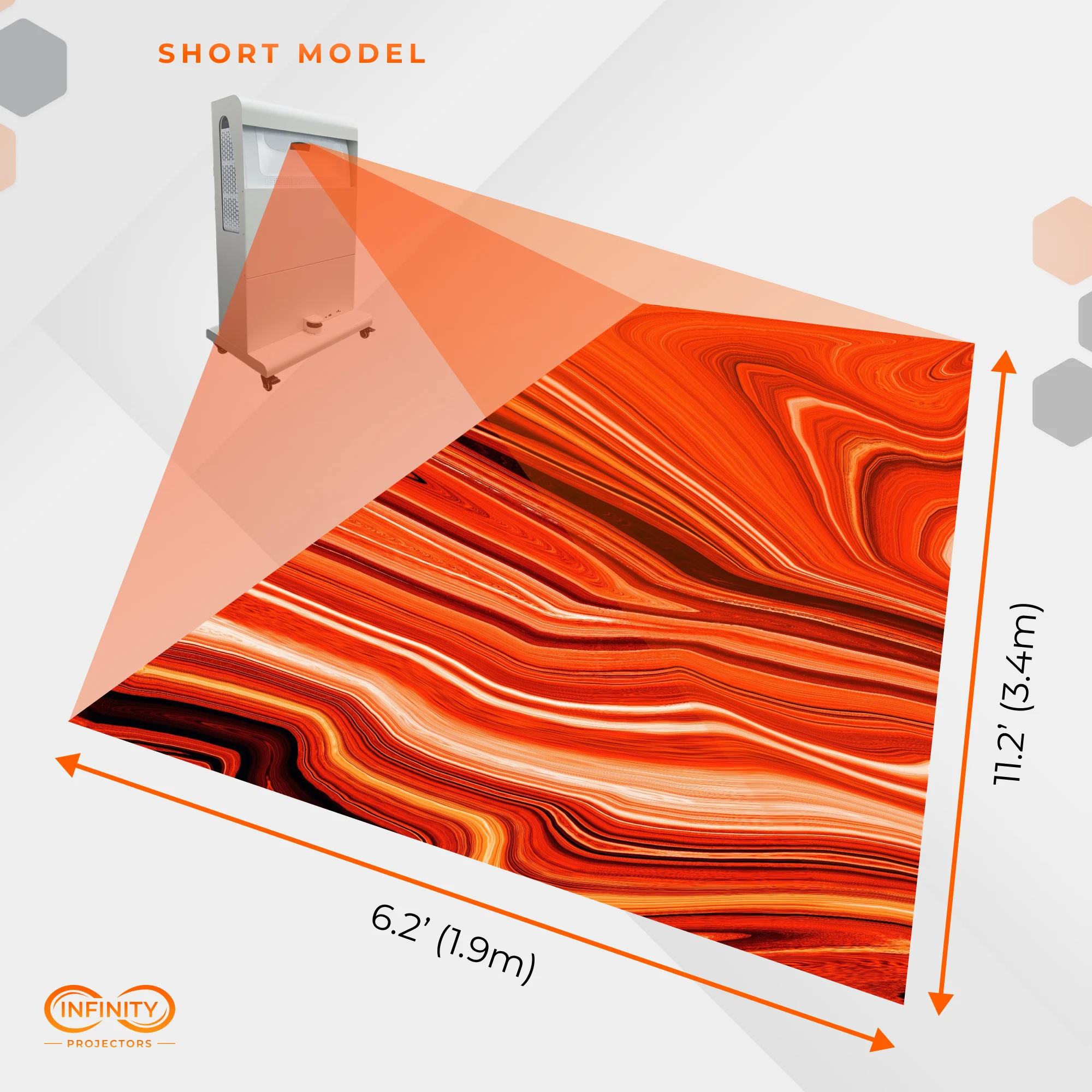 Throw diagram of the short-model interactive floor projector tower casting a 6.2 by 11.2 ft floor image